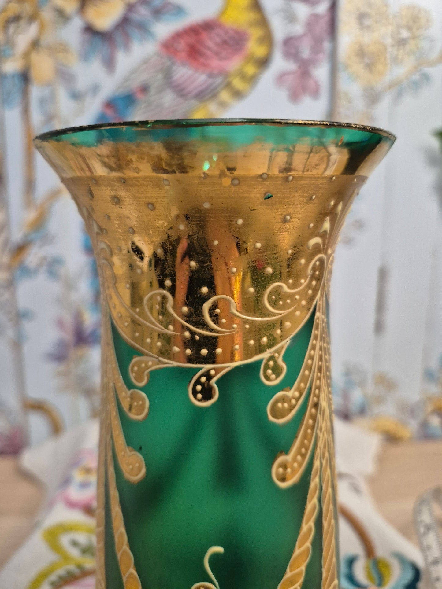 An Art Nouveau Green Glass Vase with Gilt and Enamel Decoration