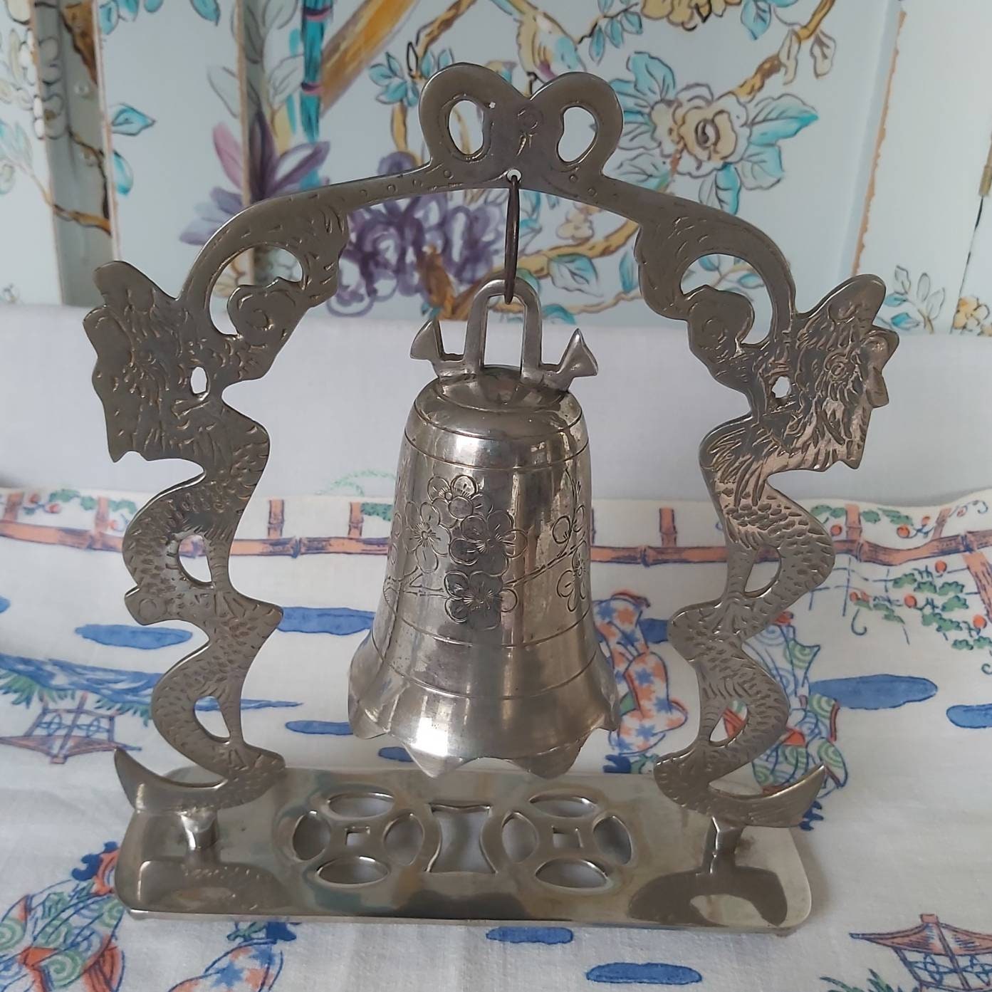 A Silver Metal Chinese Temple Bell and Stand