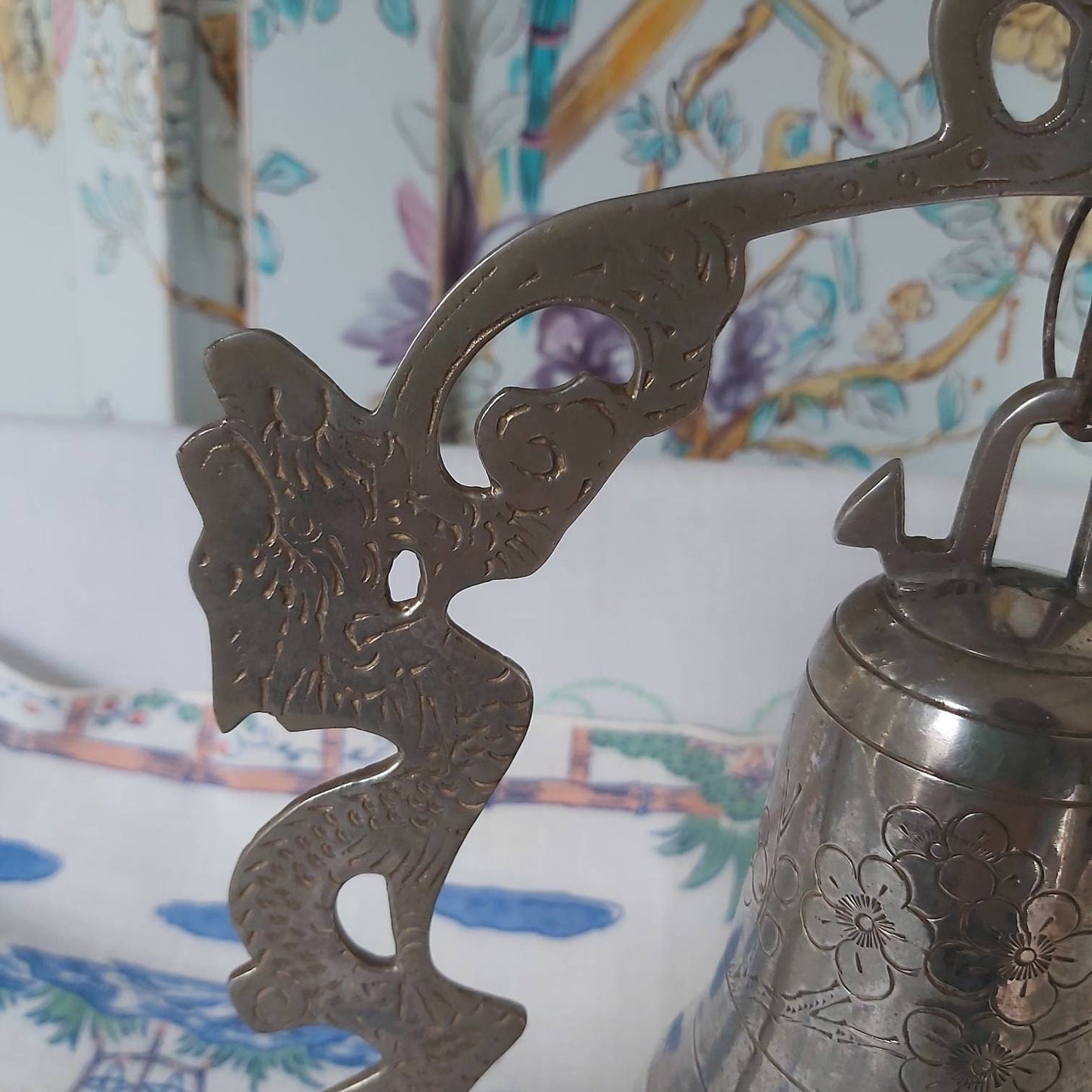 A Silver Metal Chinese Temple Bell and Stand