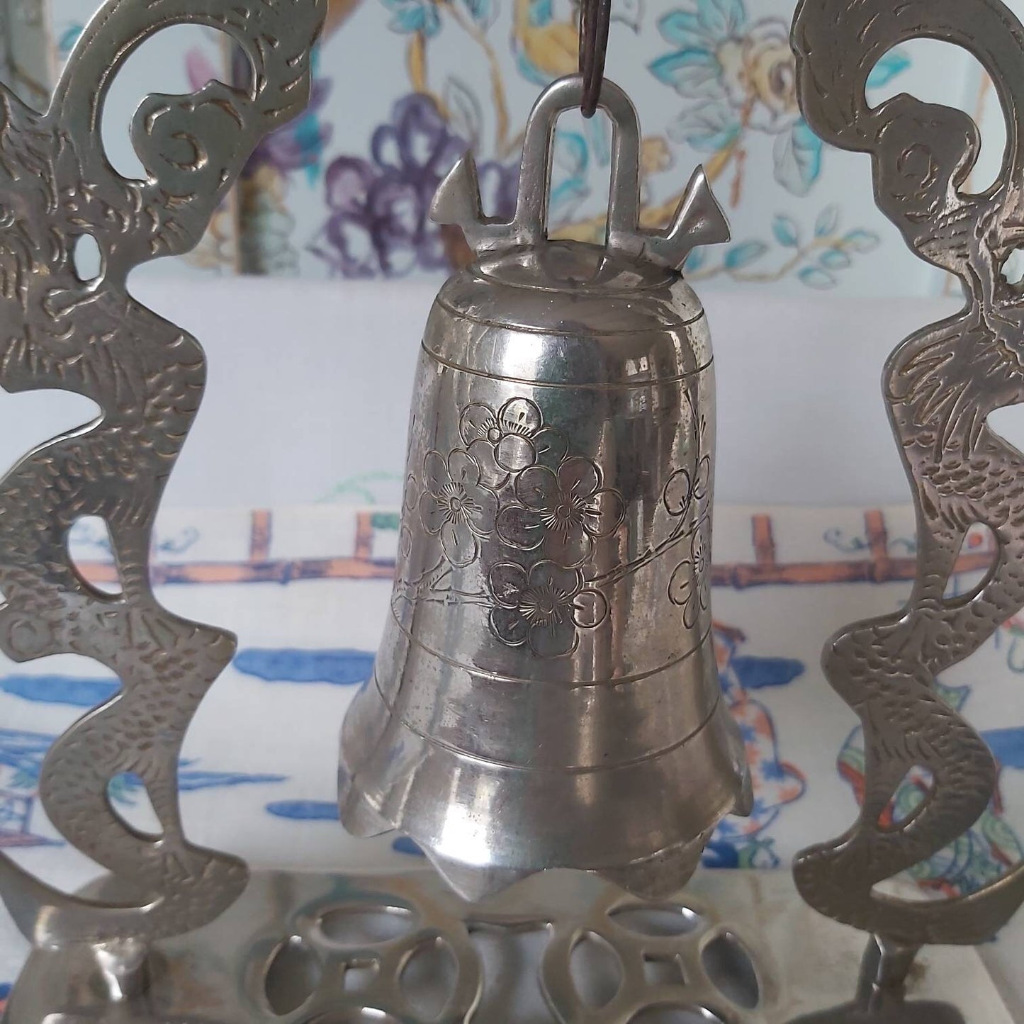 A Silver Metal Chinese Temple Bell and Stand