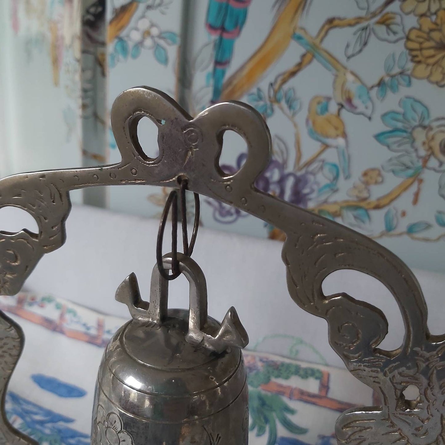 A Silver Metal Chinese Temple Bell and Stand