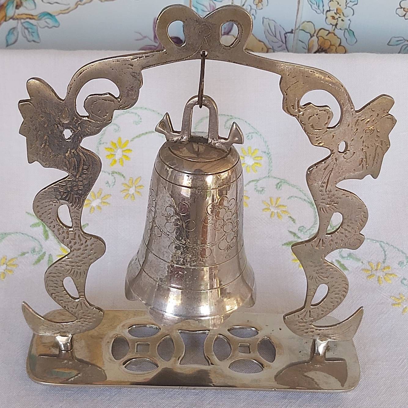 A Silver Metal Chinese Temple Bell and Stand