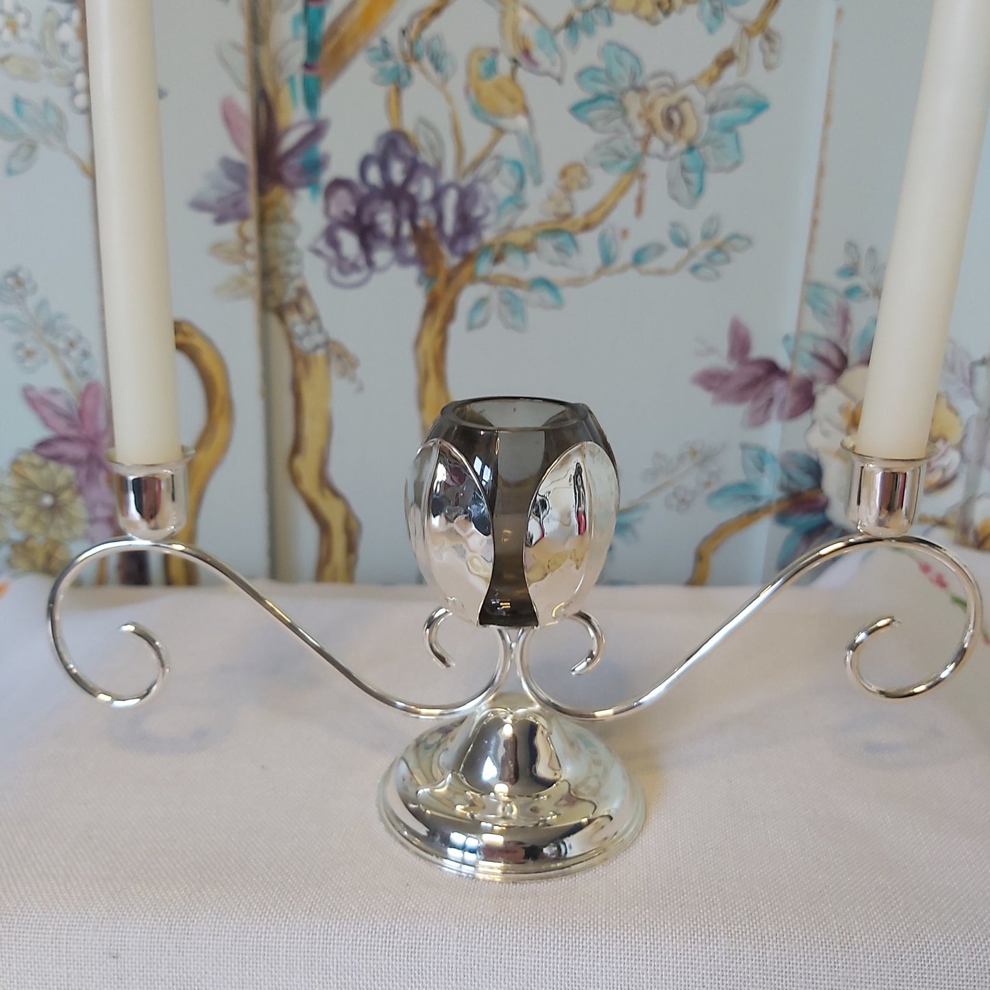 A Silver Plated Table Centre with Candle Holders and Small Vase