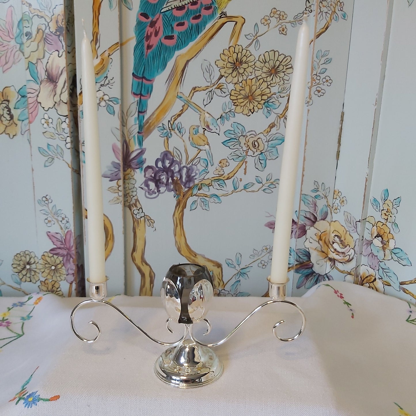 A Silver Plated Table Centre with Candle Holders and Small Vase
