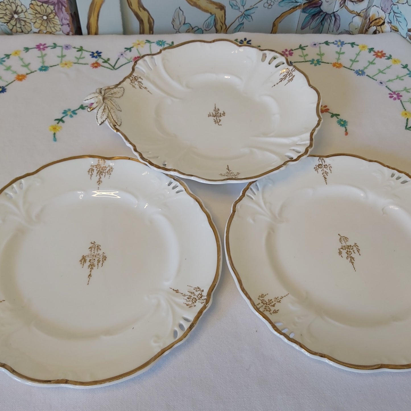 Antique White and Gold Porcelain Comport and Serving Dishes