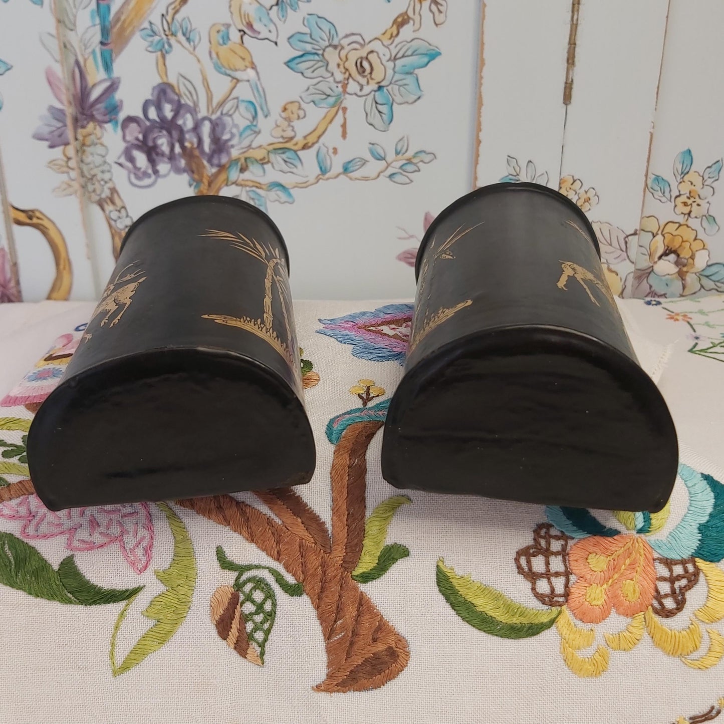 Black Papier Mache Wall Vases Handpainted with Gold Designs of Deer and Trees.