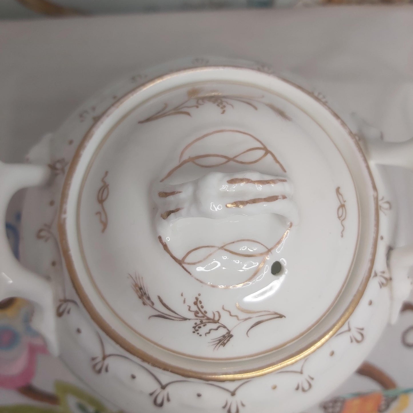 Antique White Porcelain Sucrier with Gold Handpainted Detail