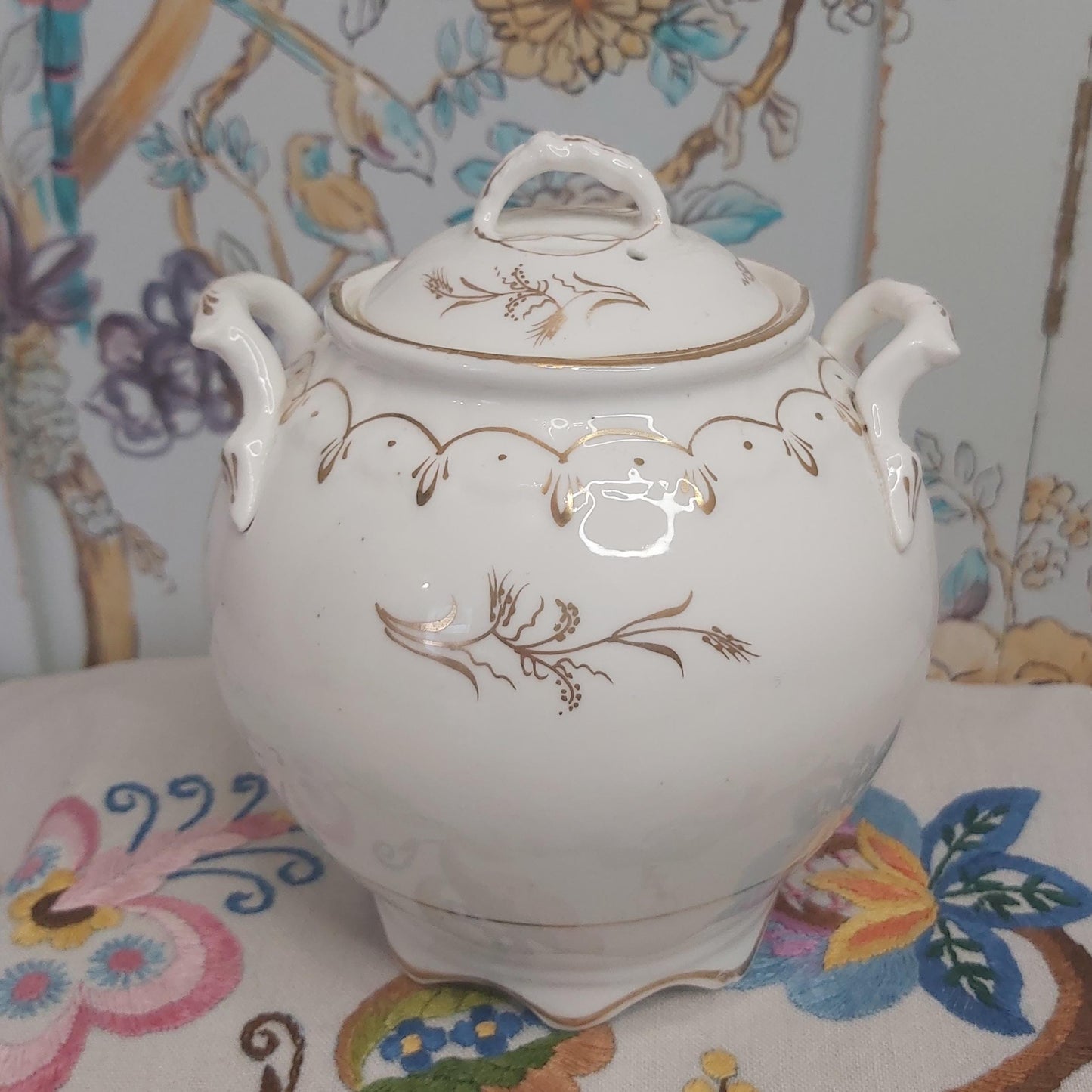 Antique White Porcelain Sucrier with Gold Handpainted Detail