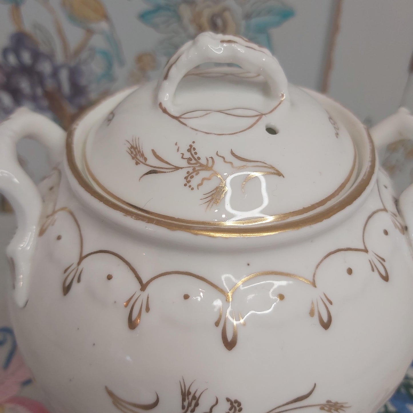 Antique White Porcelain Sucrier with Gold Handpainted Detail
