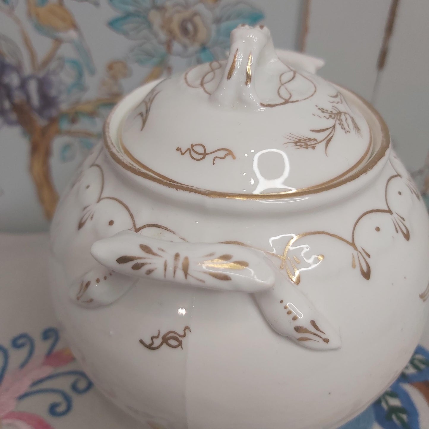 Antique White Porcelain Sucrier with Gold Handpainted Detail