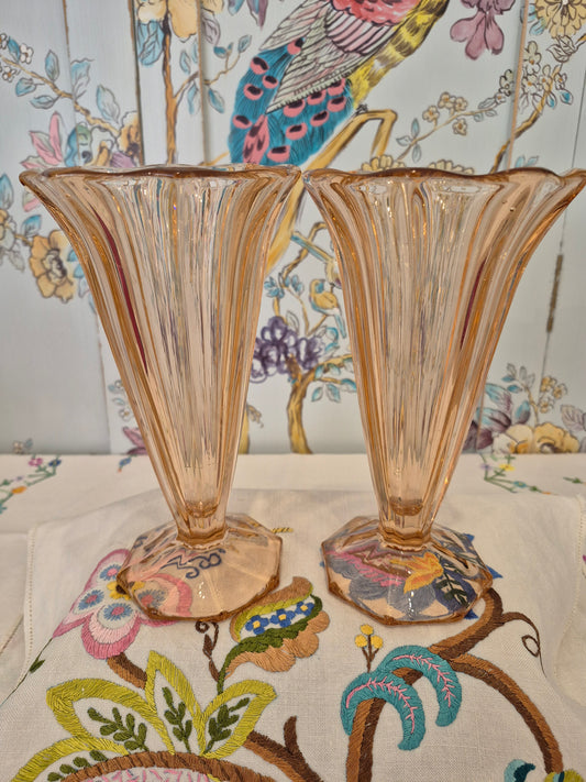 A Pair of Art Deco Pink Rosaline Glass Trumpet Vases