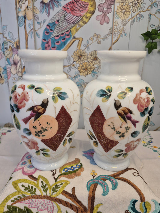 A Pair of Aesthetic Movement Hand Painted Milk Glass Vases