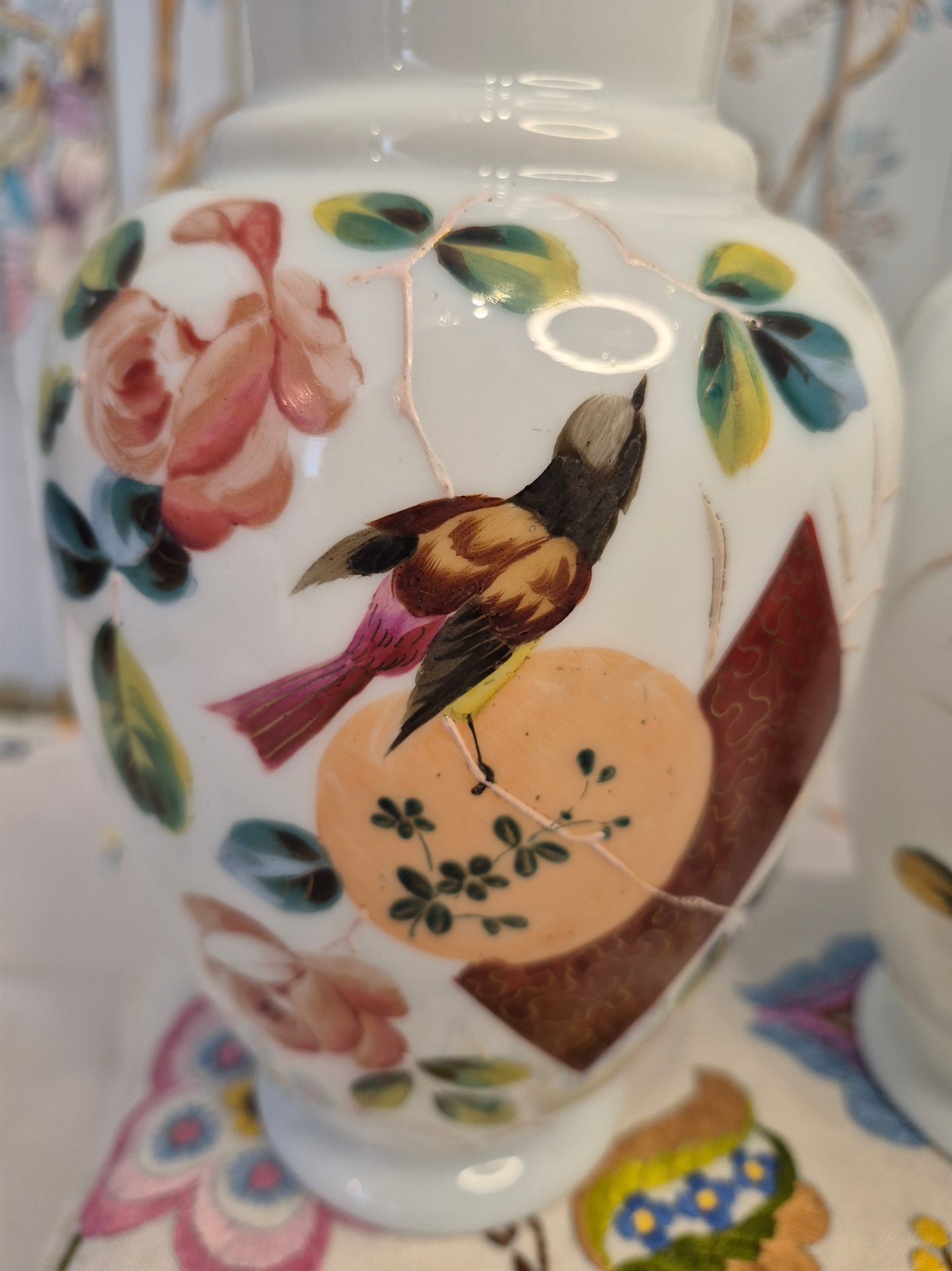 A Pair of Aesthetic Movement Hand Painted Milk Glass Vases