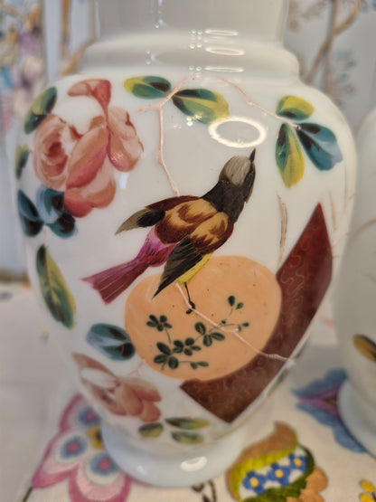 A Pair of Aesthetic Movement Hand Painted Milk Glass Vases