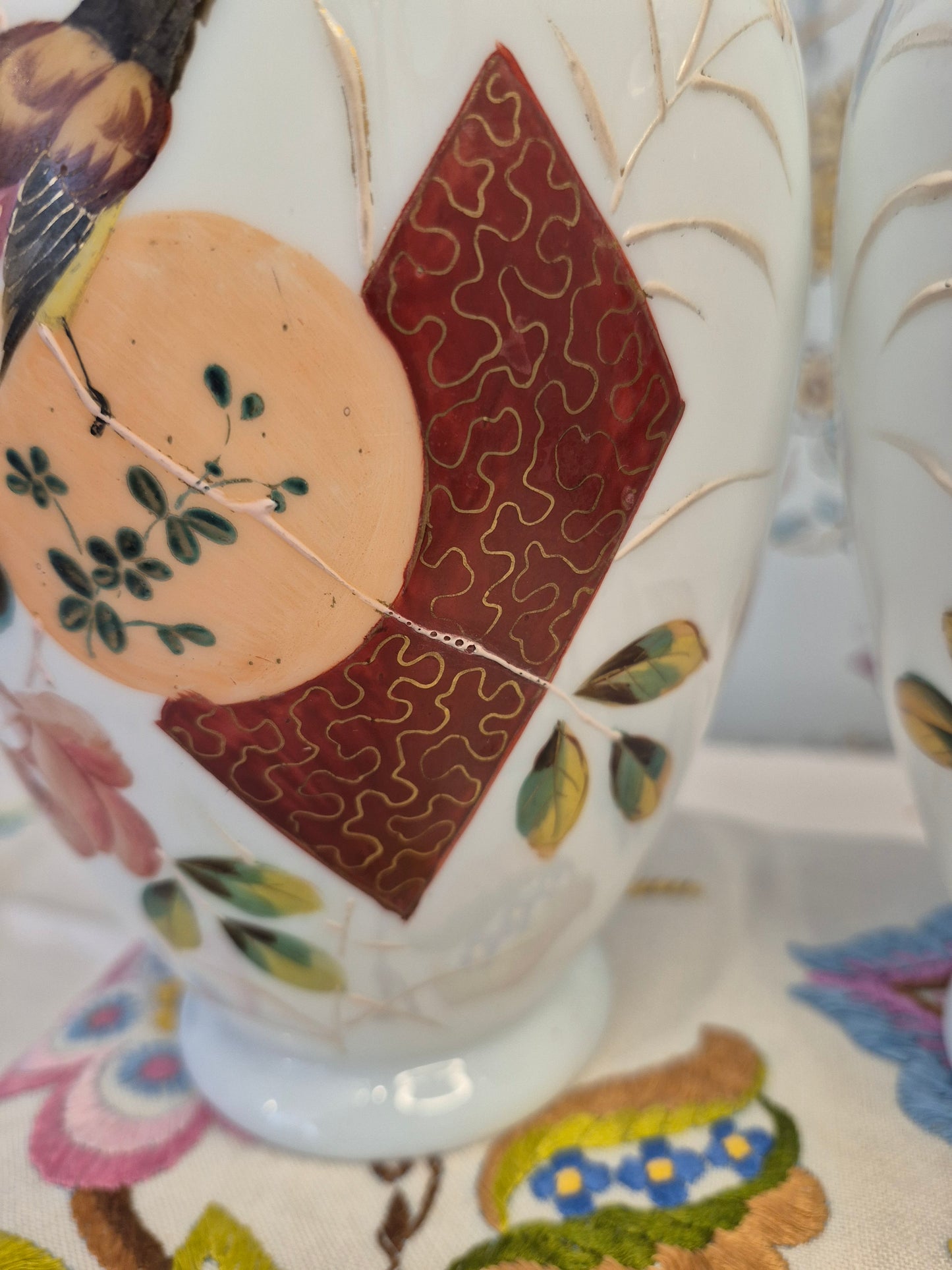 A Pair of Aesthetic Movement Hand Painted Milk Glass Vases