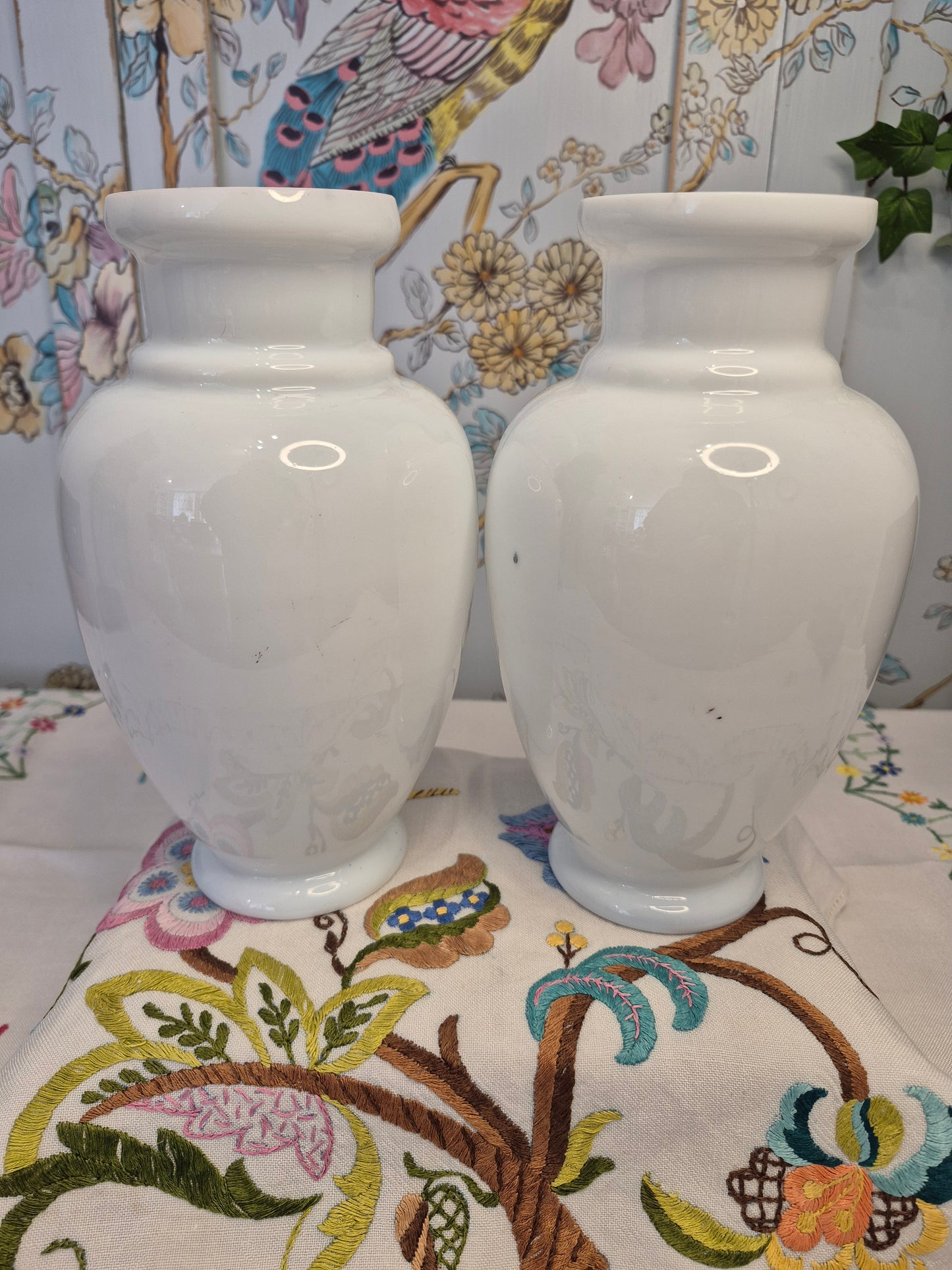 A Pair of Aesthetic Movement Hand Painted Milk Glass Vases