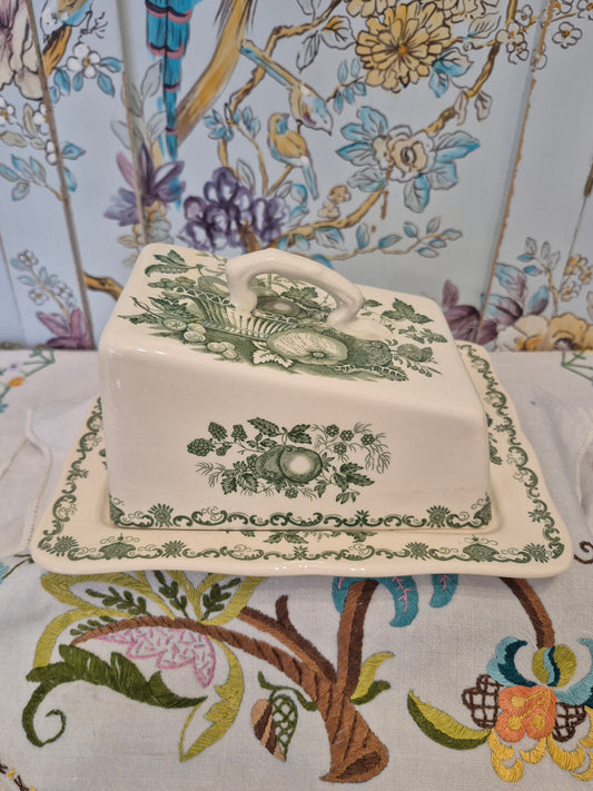 Vintage Masons Ironstone Green Fruit Basket Pattern Cheese or Butter Dish