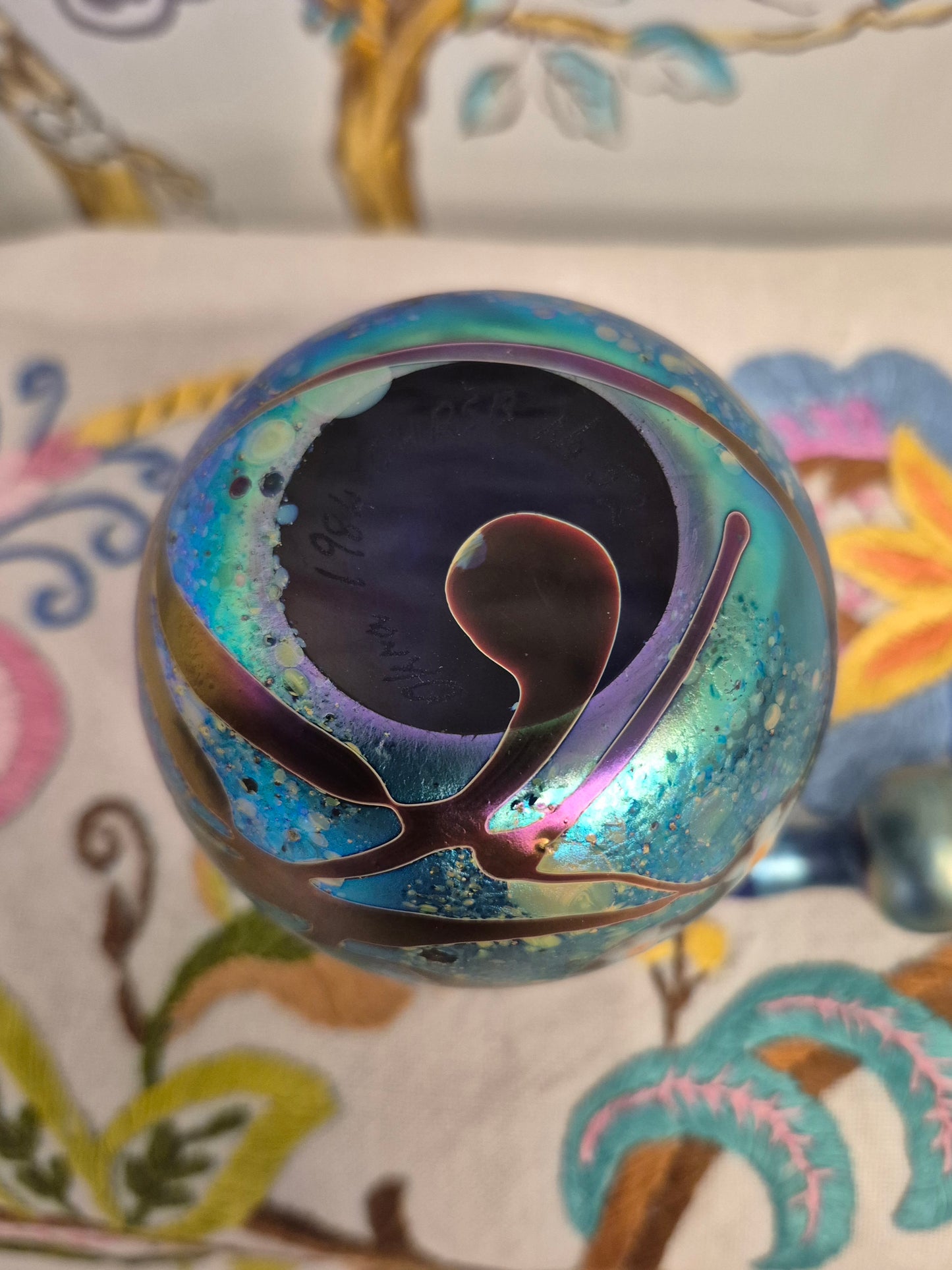 A 1984 Okra Glass Perfume Bottle in a Flower Design by Richard Golding