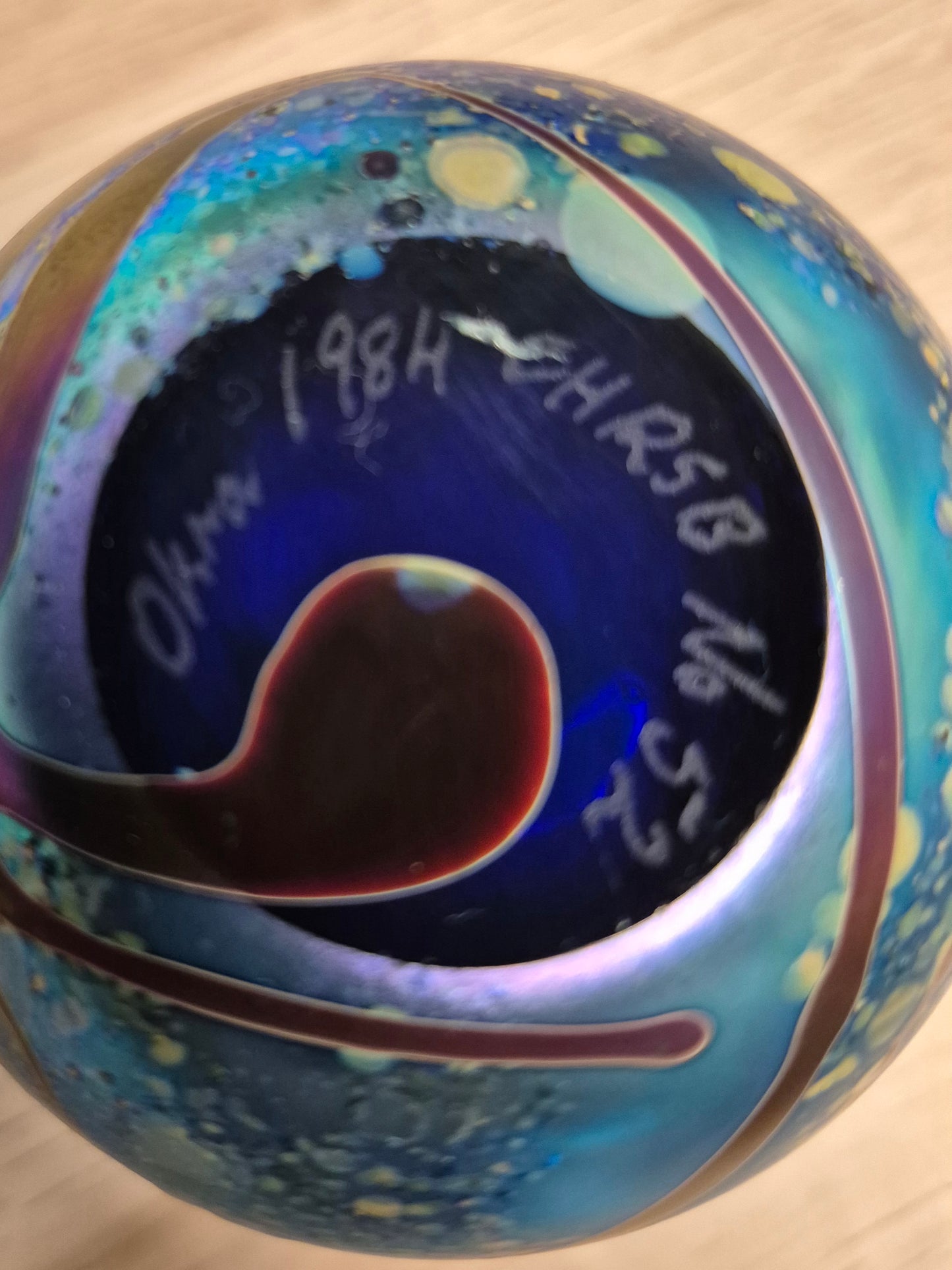 A 1984 Okra Glass Perfume Bottle in a Flower Design by Richard Golding