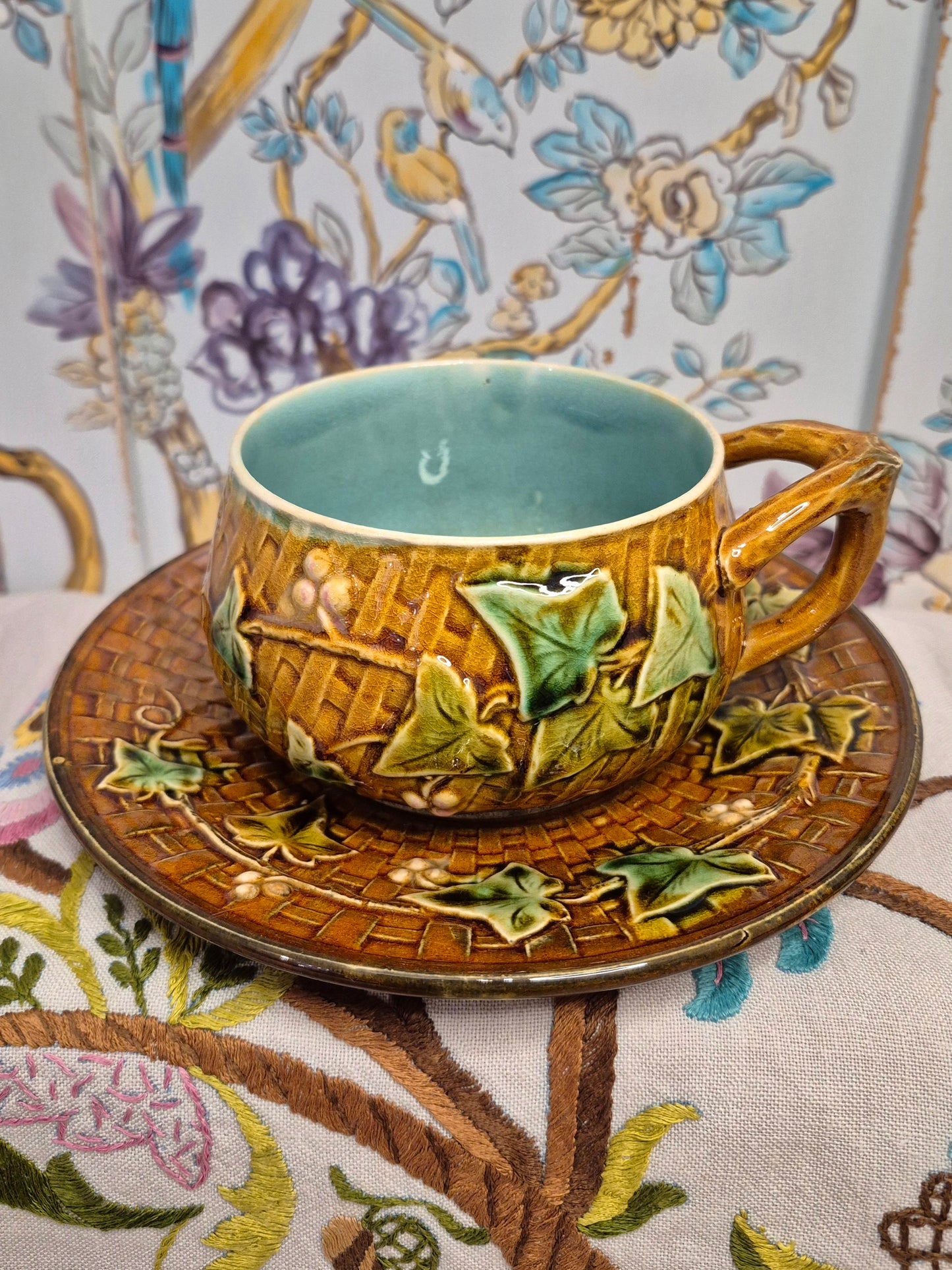 Antique French Majolica Cup and Saucer