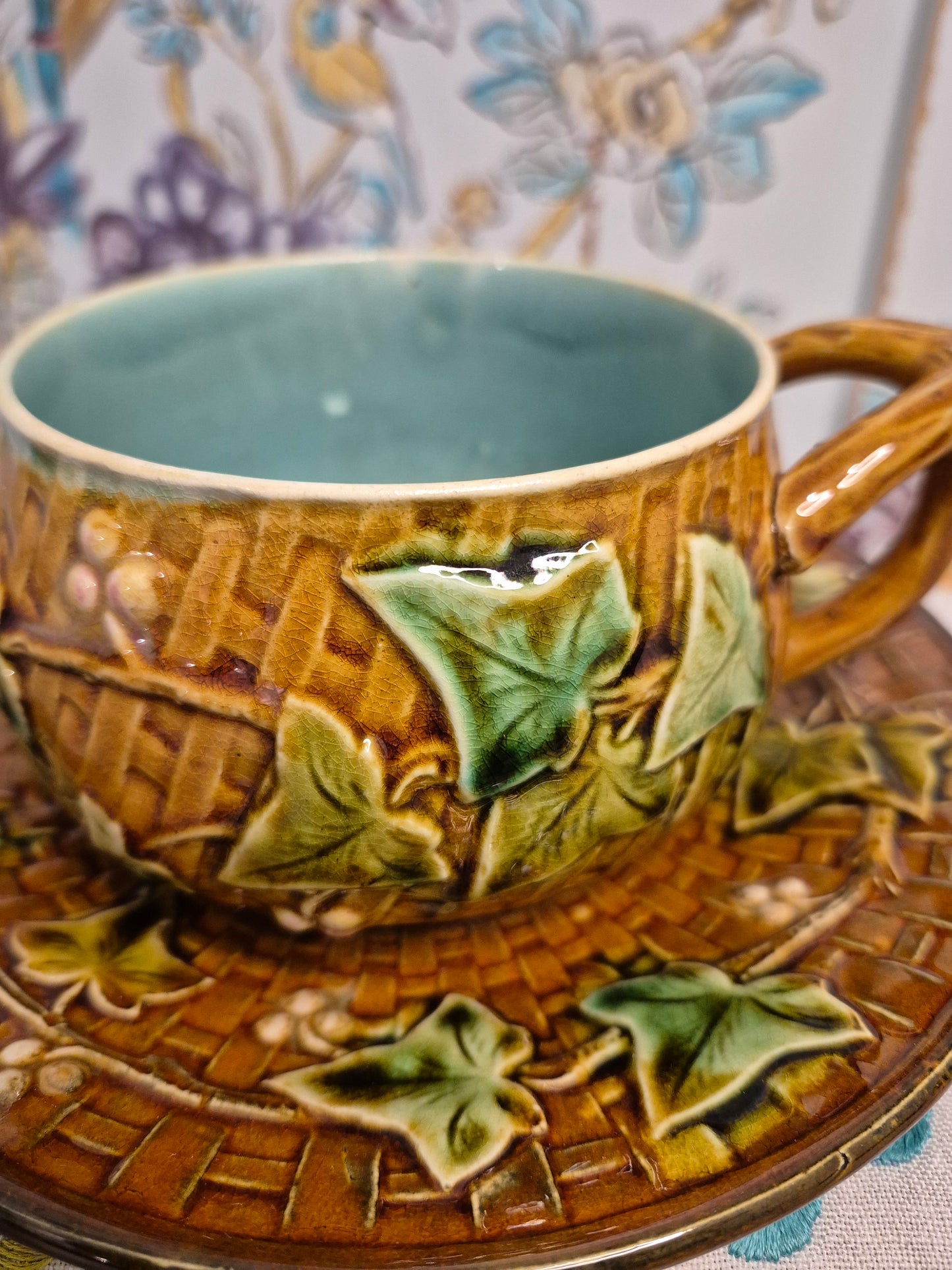 Antique French Majolica Cup and Saucer