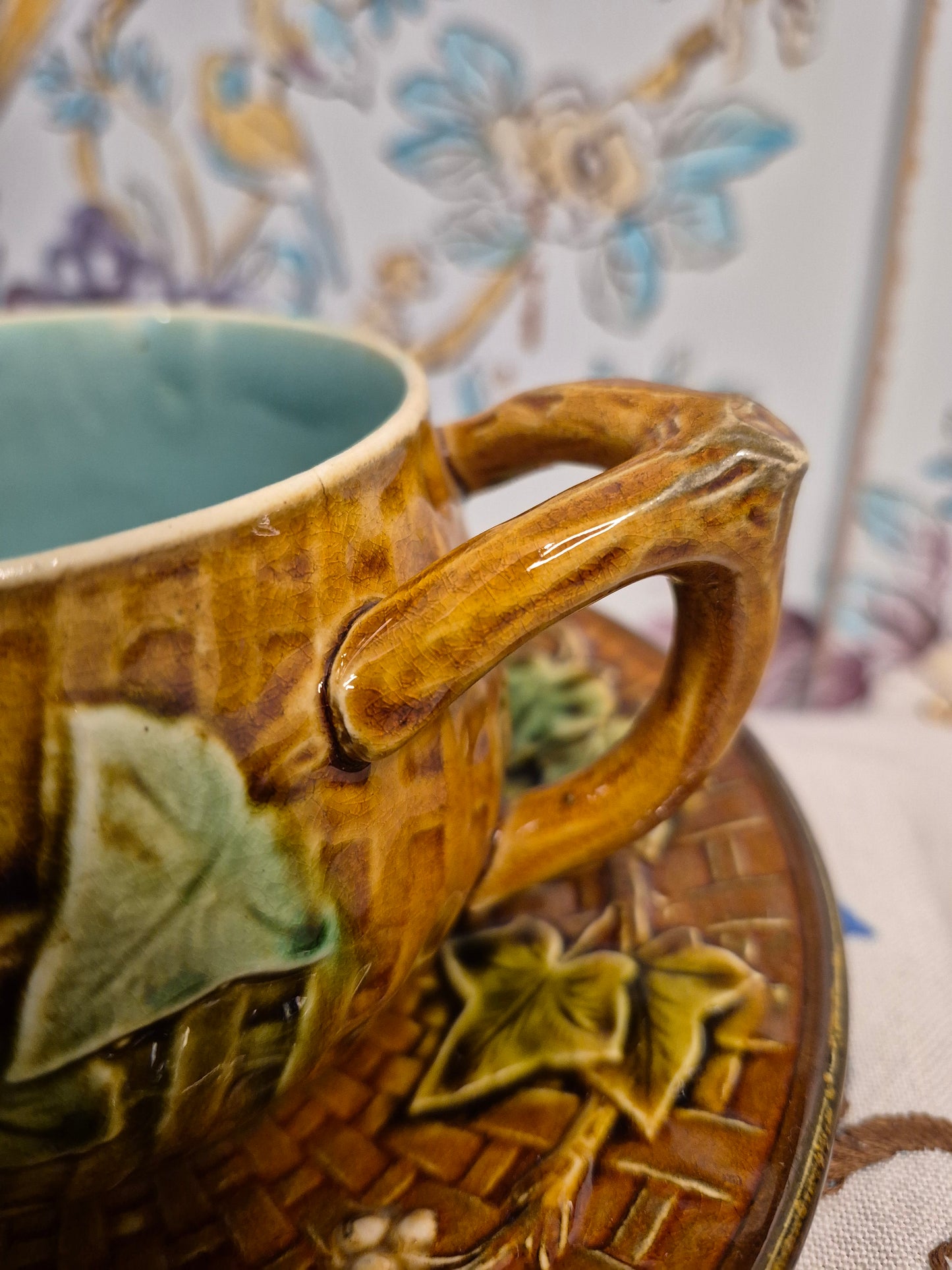 Antique French Majolica Cup and Saucer