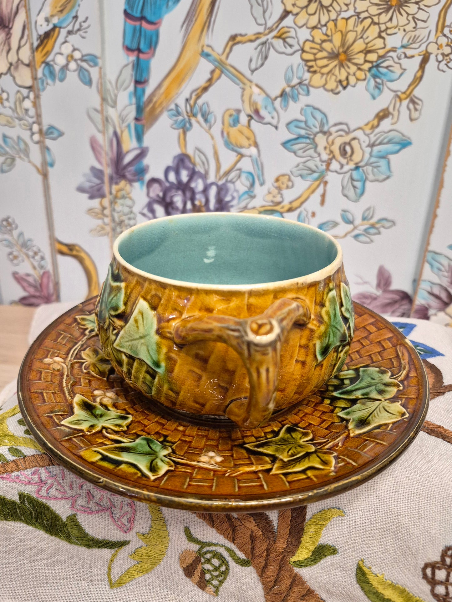Antique French Majolica Cup and Saucer