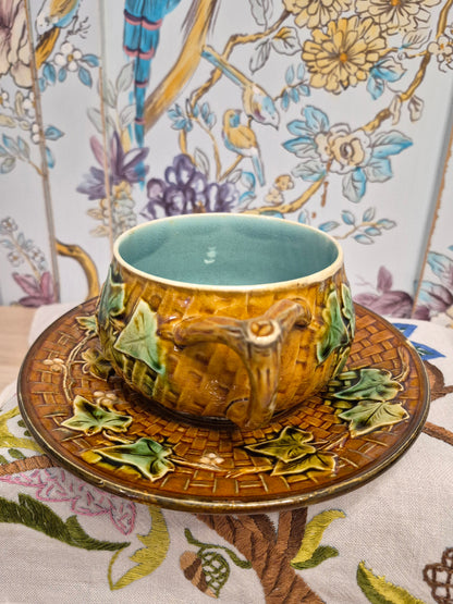 Antique French Majolica Cup and Saucer