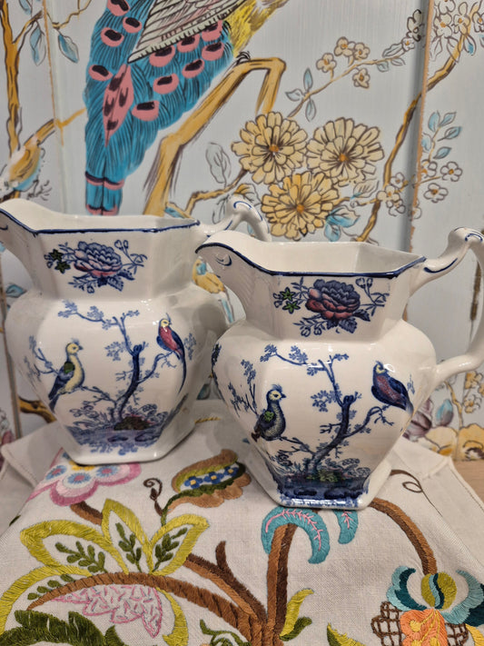 A Pair of Wood and Sons Antique Jugs in the Oriental Birds Design