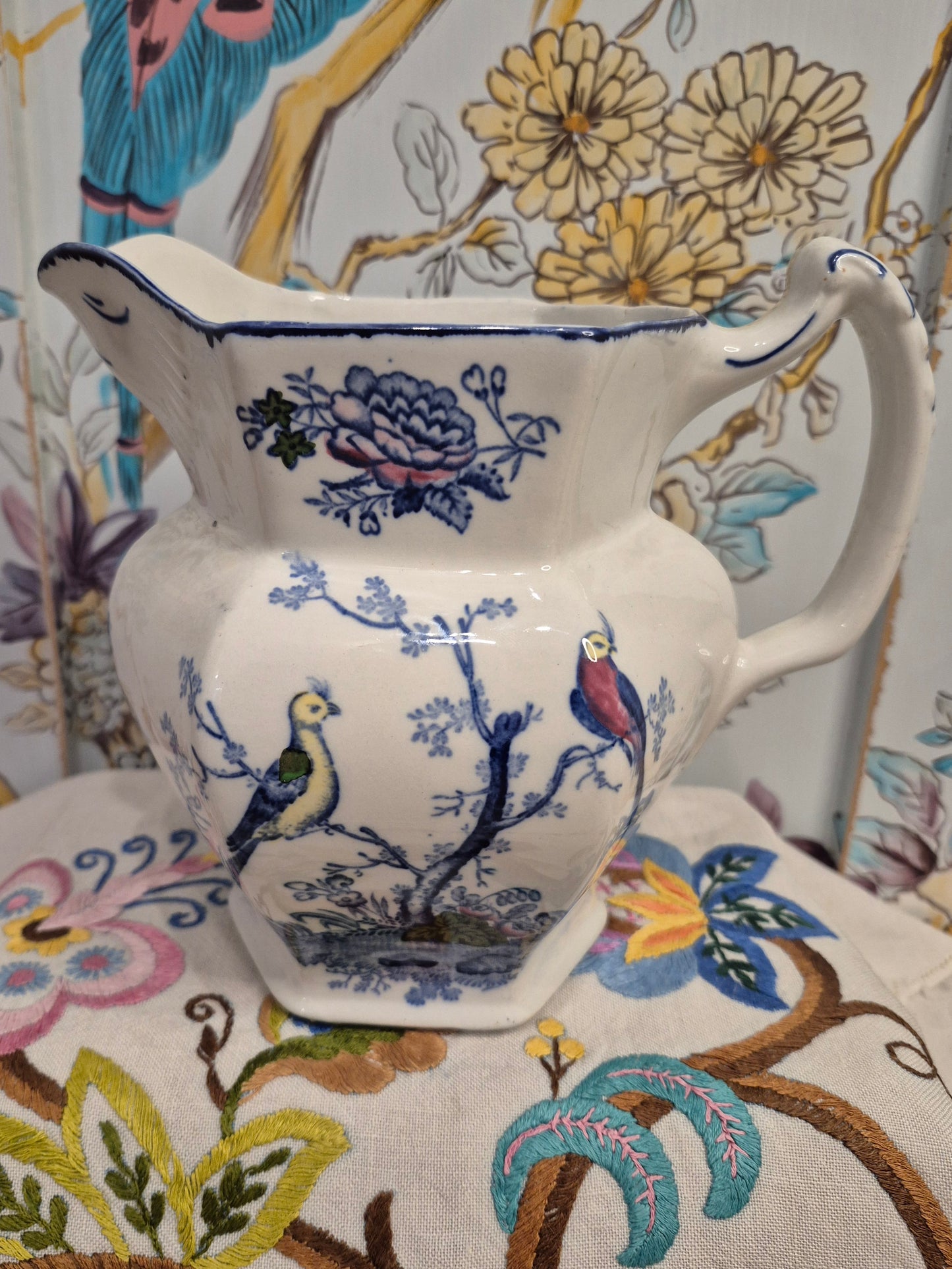 A Pair of Wood and Sons Antique Jugs in the Oriental Birds Design