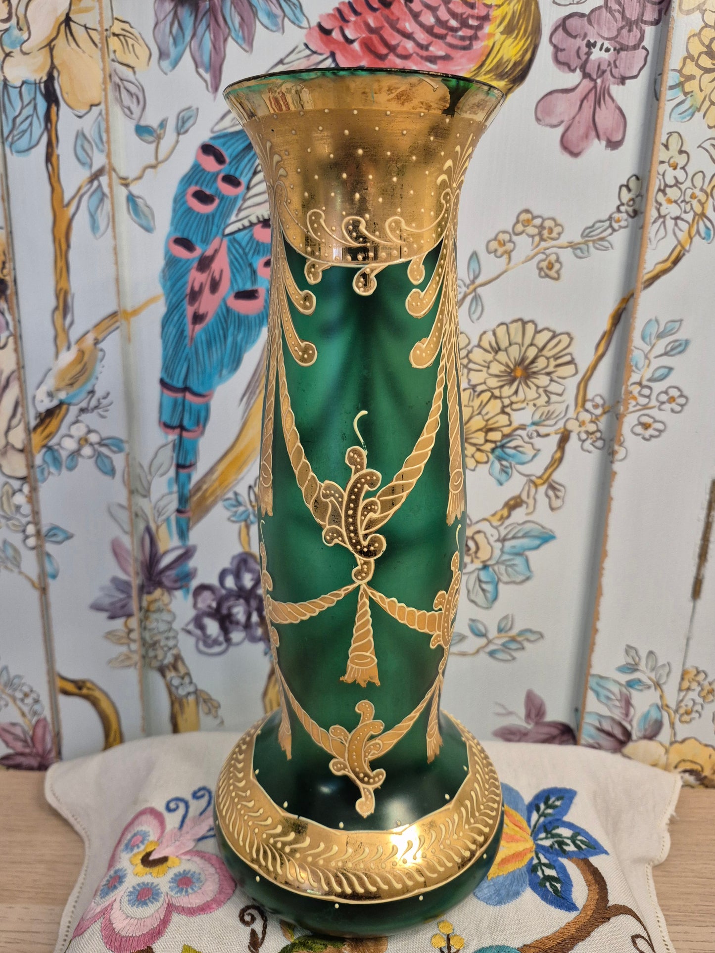An Art Nouveau Green Glass Vase with Gilt and Enamel Decoration