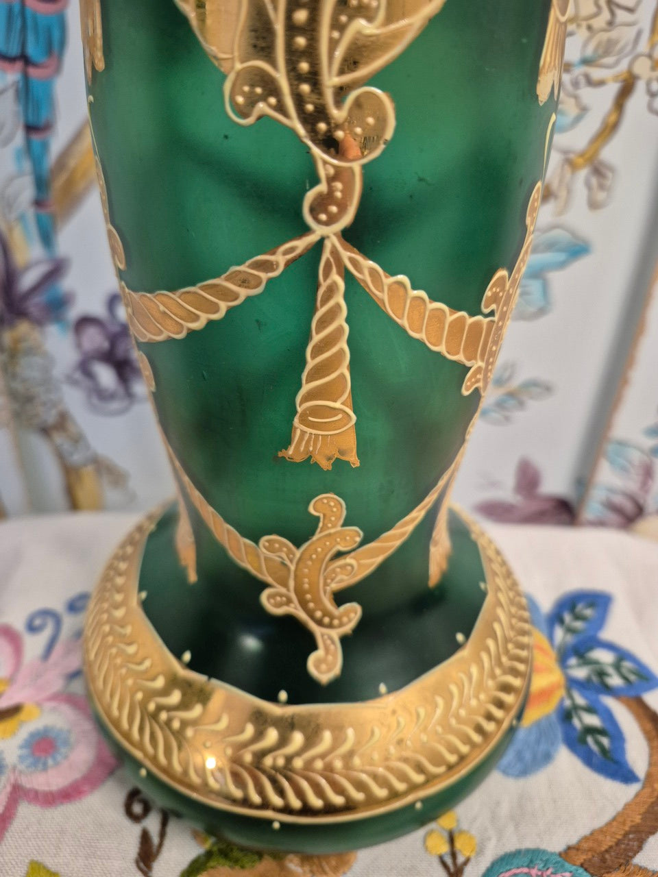 An Art Nouveau Green Glass Vase with Gilt and Enamel Decoration