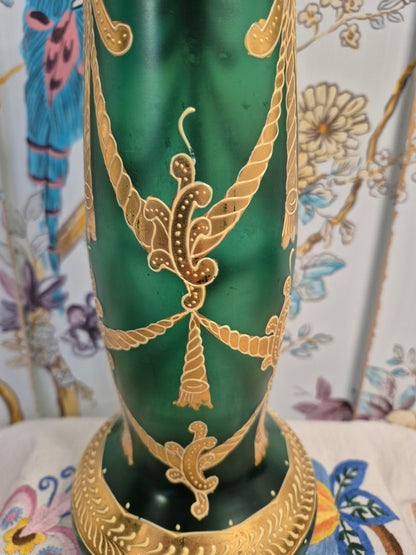 An Art Nouveau Green Glass Vase with Gilt and Enamel Decoration