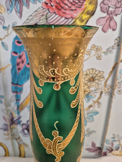 An Art Nouveau Green Glass Vase with Gilt and Enamel Decoration