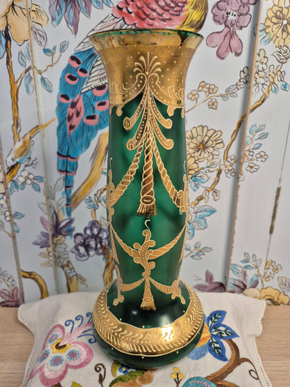 An Art Nouveau Green Glass Vase with Gilt and Enamel Decoration