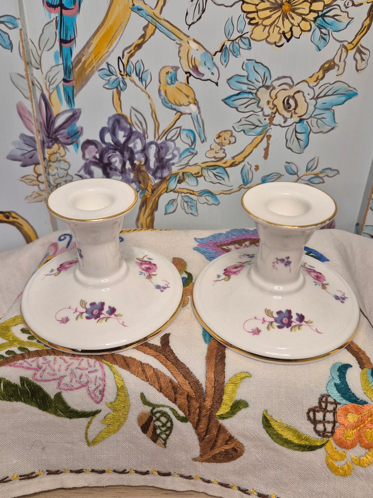 A Pair of Coalport Candlesticks Handpainted with Flowers