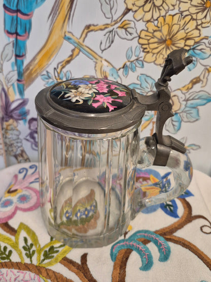 An Antique Glass Beer Stein with Handpainted Enamelled Lid