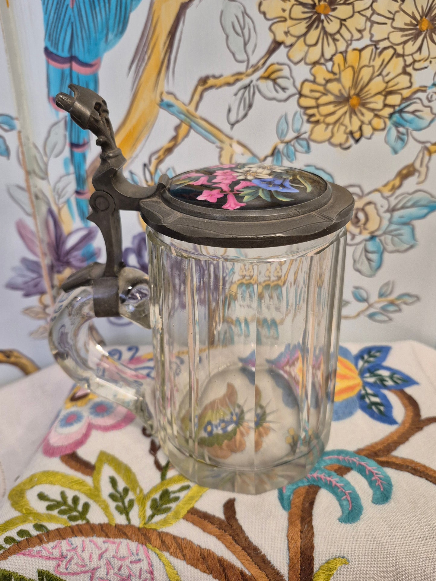 An Antique Glass Beer Stein with Handpainted Enamelled Lid