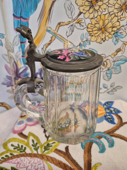 An Antique Glass Beer Stein with Handpainted Enamelled Lid