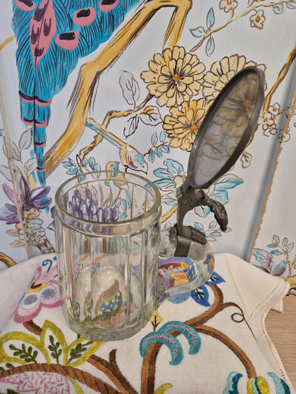 An Antique Glass Beer Stein with Handpainted Enamelled Lid