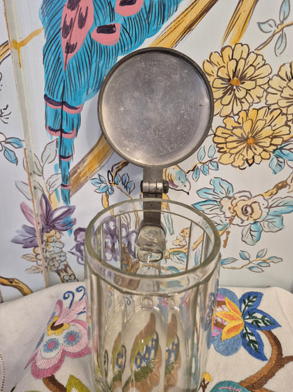 An Antique Glass Beer Stein with Handpainted Enamelled Lid