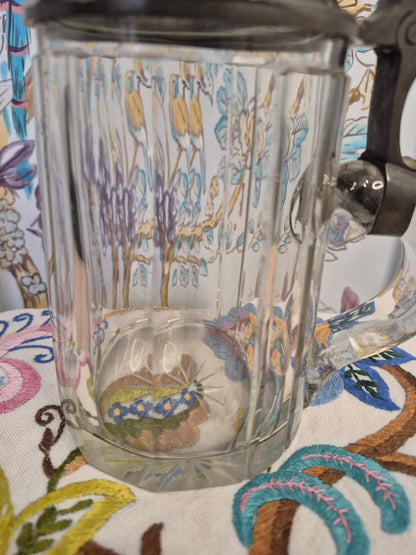 An Antique Glass Beer Stein with Handpainted Enamelled Lid