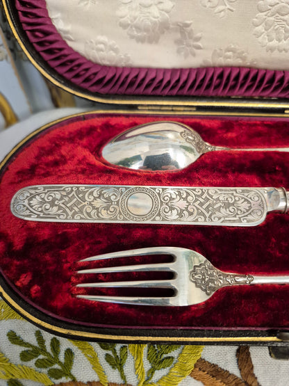 Antique Silver Plated Christening Set by James Dixon and Son c1880