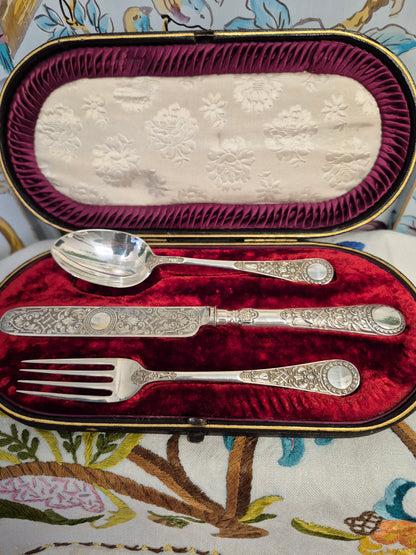 Antique Silver Plated Christening Set by James Dixon and Son c1880
