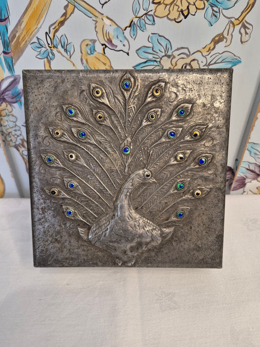 Antique Pewter Box with Peacock Design, Early 20th Century