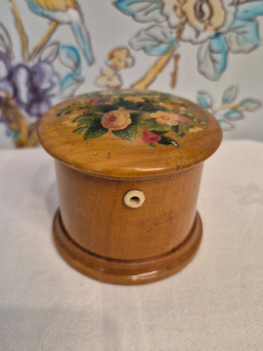Antique Treen String Pot, Hand Painted Flowers