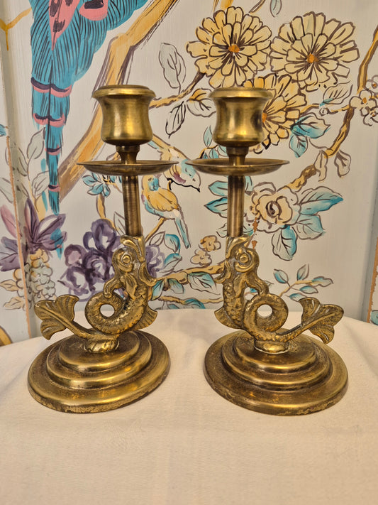 Pair of Candlesticks, Antique Brass with Mythical Serpents or Dolphins