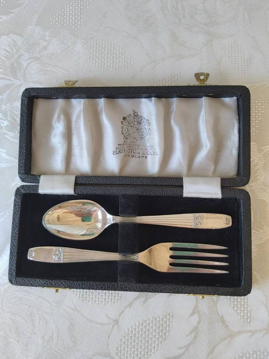Elkington Silver Plated Fork and Spoon Christening Set in Original Box