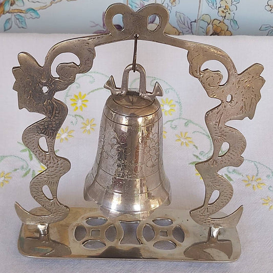 A Silver Metal Chinese Temple Bell and Stand