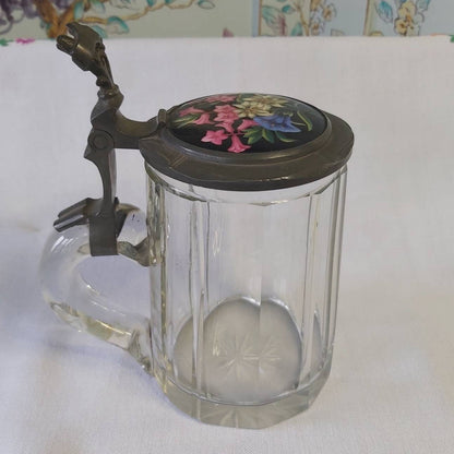An Antique Glass Beer Stein with Handpainted Enamelled Lid